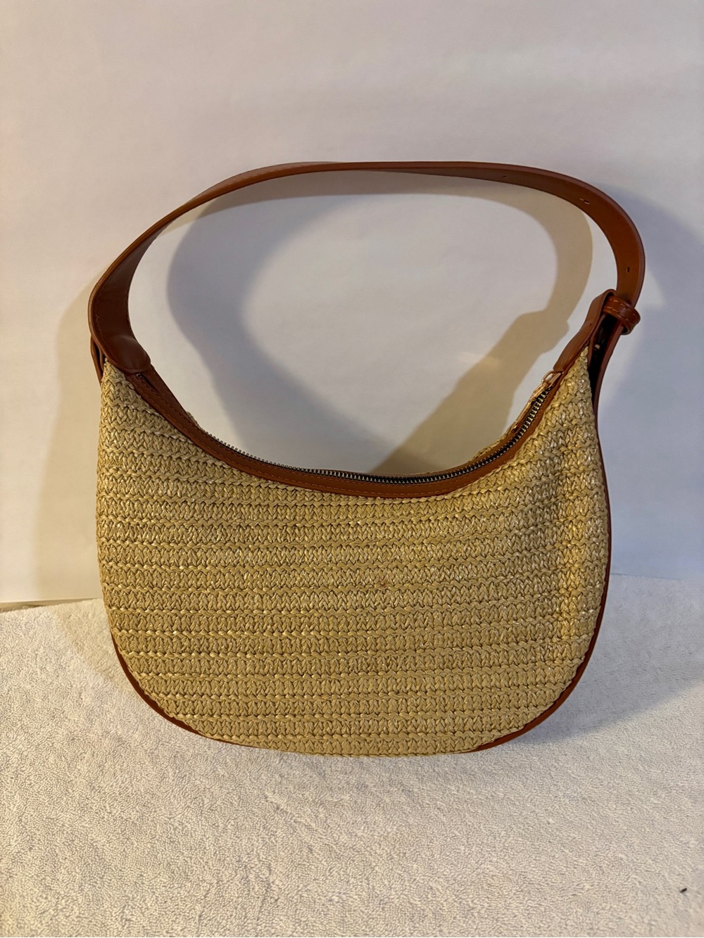 Woven Straw Rattan Shoulder Bag with Brown Trim